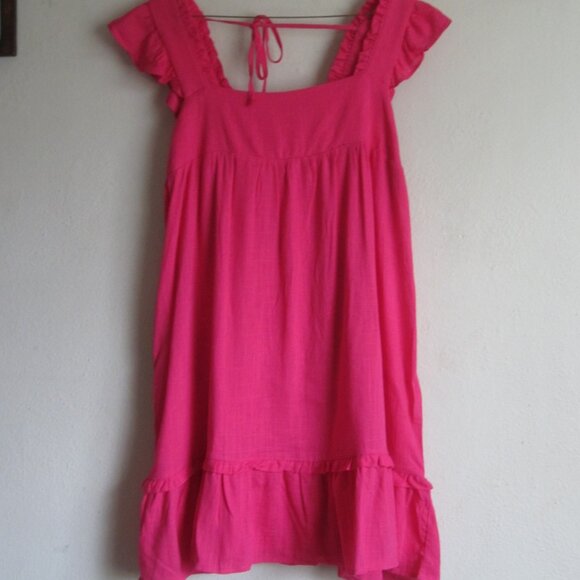 Ruffled Hot Pink Solid Linen Backless Summer Mini Sundress with Lining - Picture 2 of 6